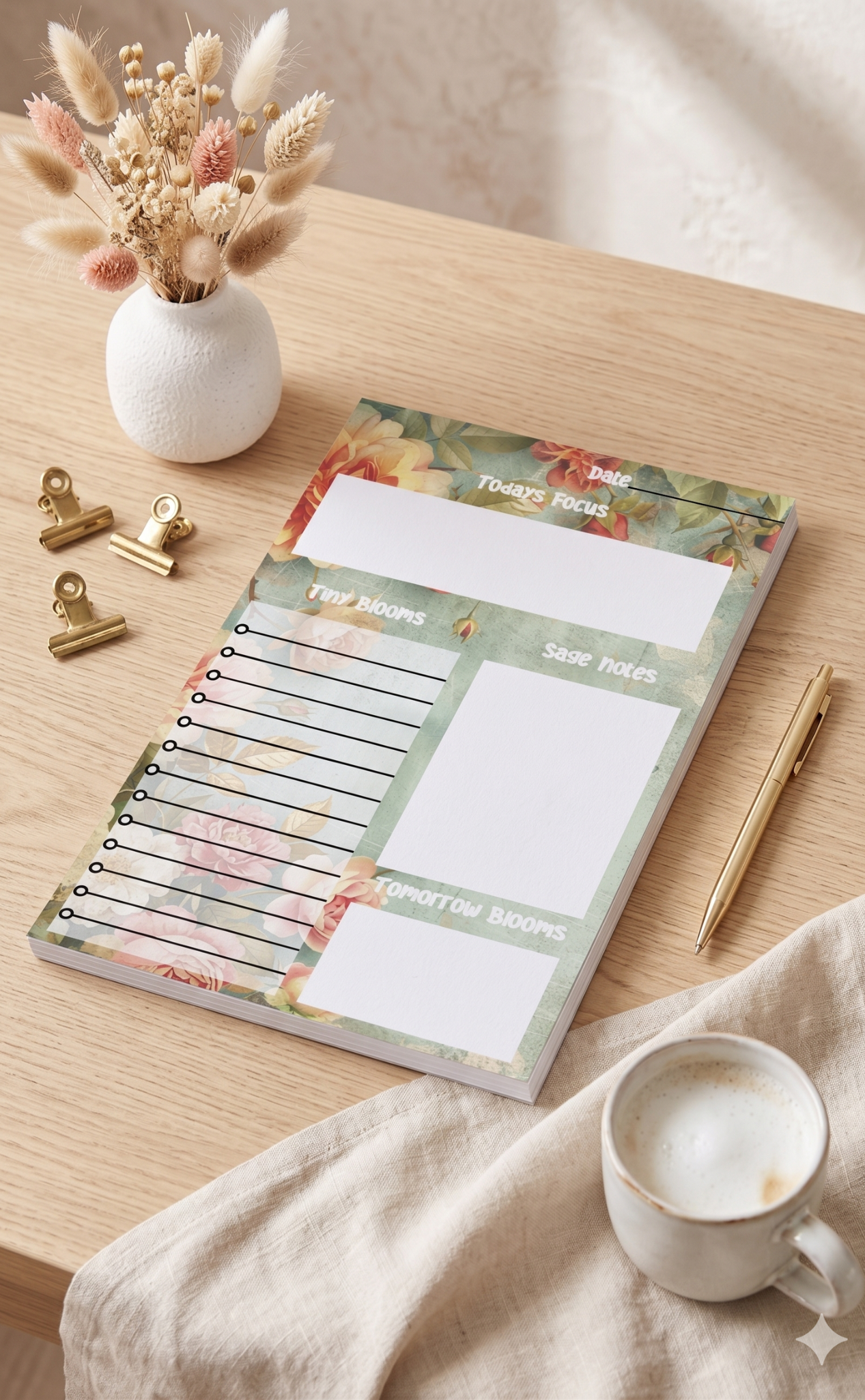 Sage Petals Daily Planner Tear-Away Pad | 5.5x8.5 Desk Planner | To-Do List Notepad | Gift for Her | Tanaya Moon Collective