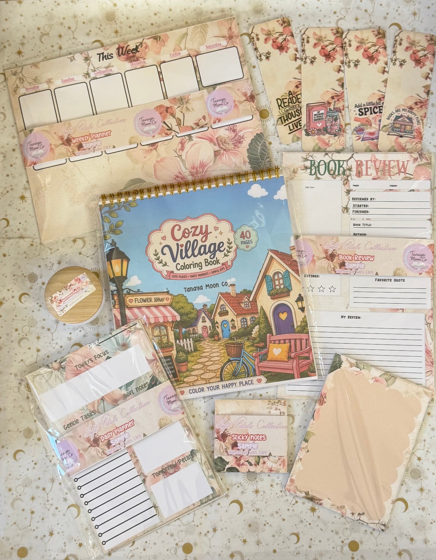 Cottagecore Stationery Set - Soft Petals™ Collection Floral Weekly Planner, Cozy Village Coloring Book, Book Review Notepad, Cute Gift Bundle