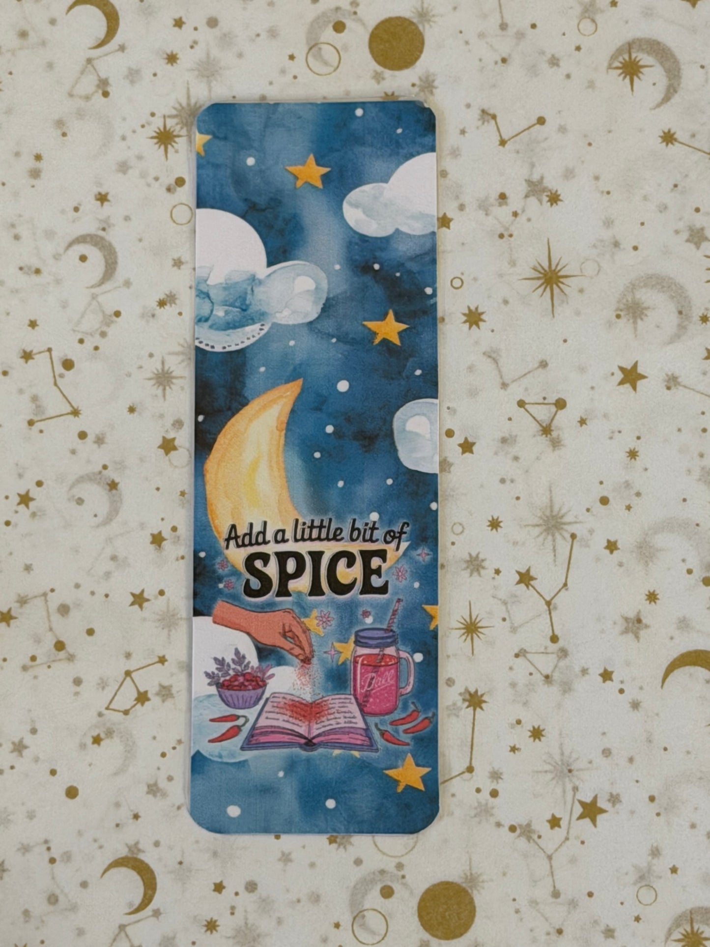 Moonlit Stardust Collection Add A Little Spice Bookmark | Celestial Bookmark | Moon and Stars Bookmark | Fantasy Reader Gift | Laminated Bookmark