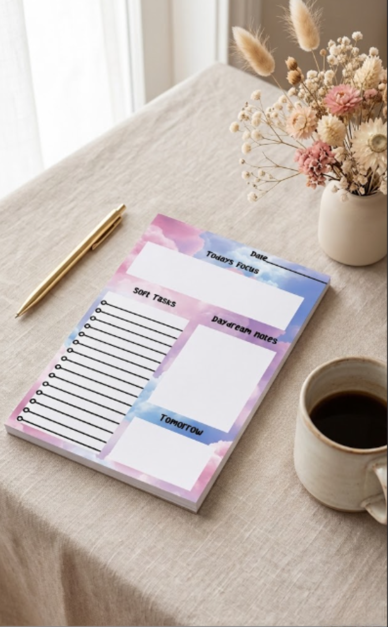 Soft Daydreams  Daily Planner Tear-Away Pad | 5.5x8.5 Desk Planner | To-Do List Notepad | Gift for Her | Tanaya Moon Collective